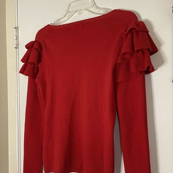 Badgley Mischka Red Wool knit ruffle sleeve detail round neck sweater size small - Picture 7 of 7